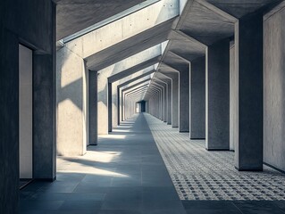 Sunlit concrete corridor with geometric patterned floor.