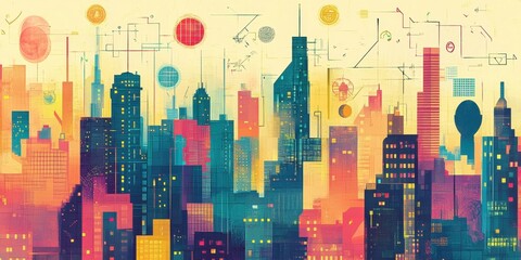 An abstract cityscape image featuring diverse building structures and colors