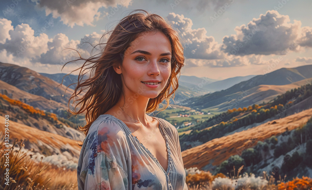 Aufkleber woman with long hair is standing in a field with mountains in the background. she is smiling and loo