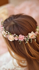 Naklejka premium Woman with brown hair, donning pink and white rose floral crown with delicate white blossoms