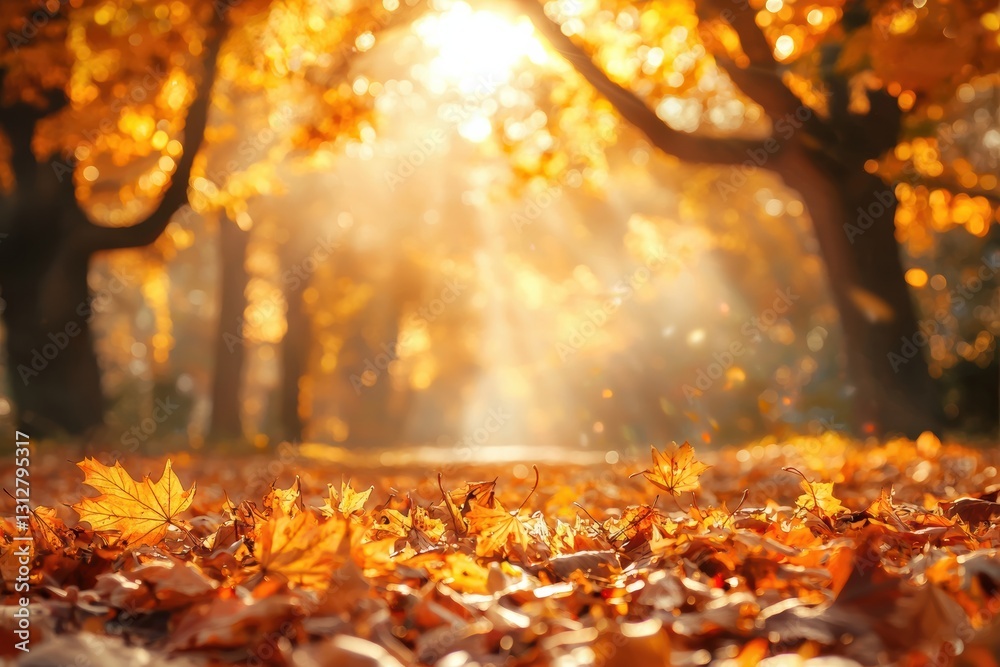 Poster sunbeams filtering through golden foliage create a magical autumn scene in a park, highlighting fall