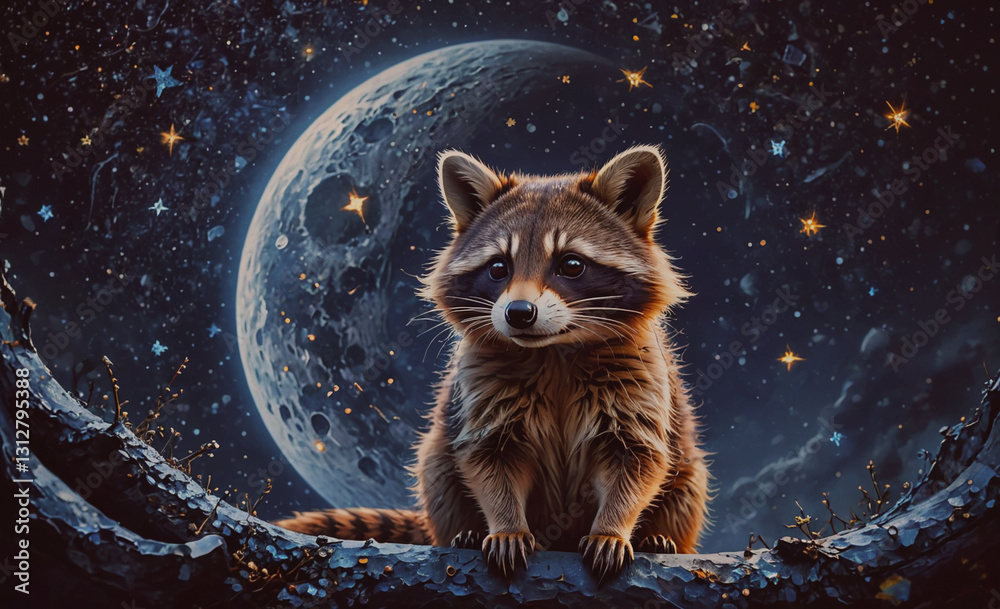 Poster raccoon is sitting on a branch next to a full moon. the image has a dreamy, whimsical feel to it, wi