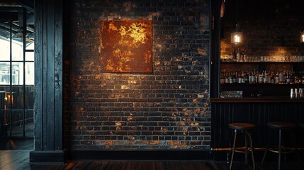 Dark, rustic bar interior with exposed brick wall, wooden bar, and metal artwork.