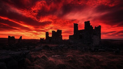 Obraz premium Fiery sunset casts dramatic red light on ancient stone ruins.