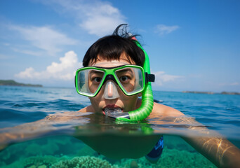 Asian boy snorkeling in tropical ocean exploring underwater coral reefs