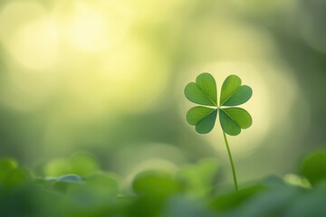 A single four-leaf clover set against a soft, blurred background of greenery, symbolizing good fortune and the arrival of spring Generative AI