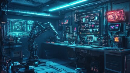 Fototapeta premium Cyberpunk Robotic Workshop: Neon-Lit Digital Fortress