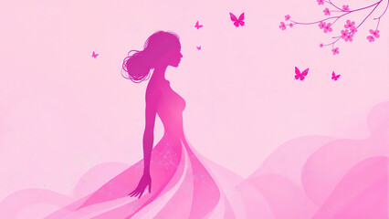 Gradient Pink Silhouette of a Woman in a Flowing Dress with Butterflies.