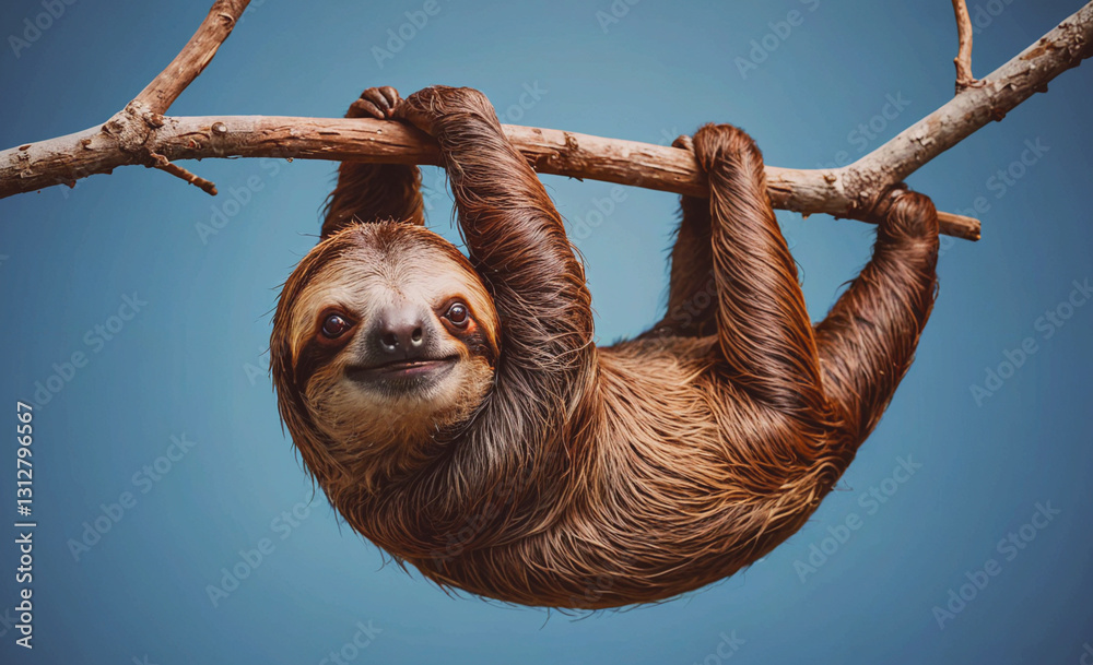 Poster Brown sloth hanging from a branch. The sloth is smiling and he is enjoying itself