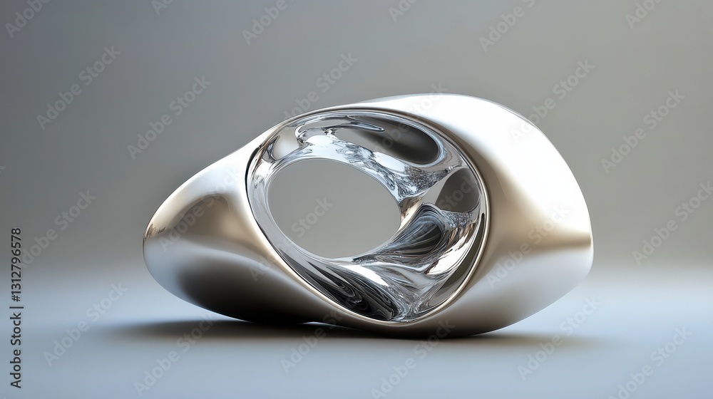 Poster an abstract silver shape is rendered in 3d, featuring a sleek, metallic surface with smooth contours