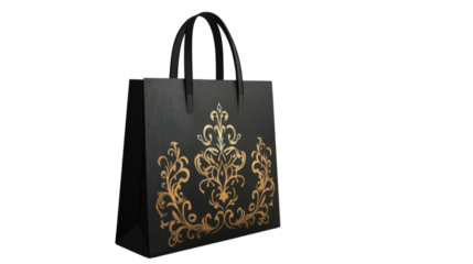 Elegant black shopping bag with gold floral design on transparent background