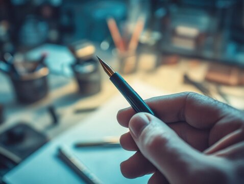 Hand holding a pen above paper, with focus on the tip and nib, suggesting precision or artistic endeavor.