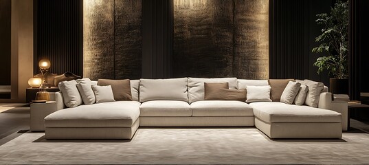 A stylish sectional sofa in a cozy living room with soft lighting and a textured background