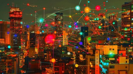 Vibrant city's skyscrapers with vivid and colored nodes.