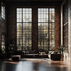 Sunlit loft apartment with large windows, sectional sofa, and hardwood floors.