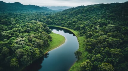 A breathtaking drone view of a lush, green Amazonian jungle landscape, featuring dense trees and a winding river.