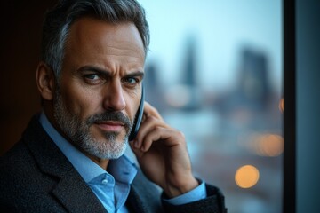Confident businessman engaged in a serious phone call while overlooking a city skyline at twilight