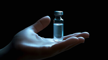 Hand holding vial fluid. Hand model medicine vial. Clandestine lab with vaccine bottle. Pandemic, hepatitis B vaccine vial. Fight the flu drug delivery immunization shot vaccine dose.