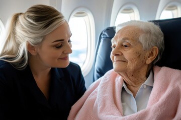 Obraz premium A compassionate flight attendant shares a warm smile with an elderly passenger, showcasing the kindness and human connection experienced during air travel.
