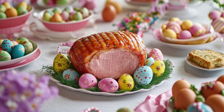 A joyful Easter meal with a glazed ham, buns, cookies and candies arranged on a table in the center of the frame.