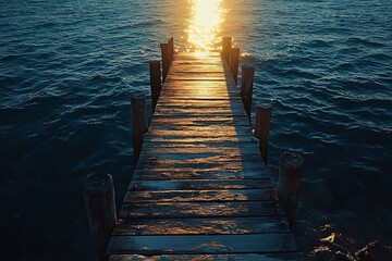 Fototapeta premium Sunlit wooden pier extending into calm ocean water at sunset.