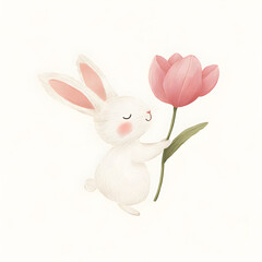Fluffy white bunny gently holding delicate pink tulip, representing springtime innocence and tender childhood wonder in whimsical illustration