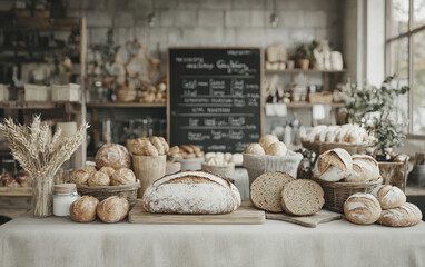Fototapeta premium Artisan Bread and Pastries Display in Rustic Bakery