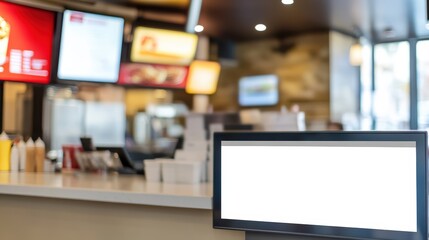 A blank display of a self-service touchscreen kiosk in a fast food restaurant, ideal for ordering and menu selection.