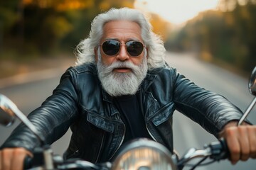 Senior man rides vintage motorcycle on open road during sunset near wooded area with confident expression