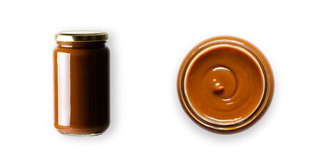 Dulce de leche in a jar. Front and top view. Transparent background. 