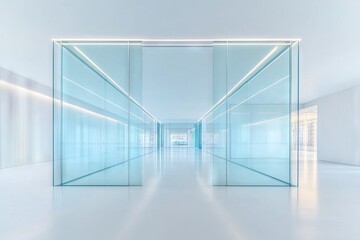 Fototapeta premium Modern glass corridor in a minimalist building with bright, airy design and soft lighting