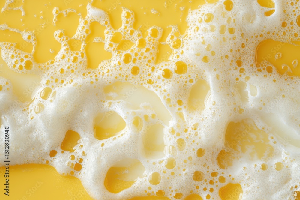 Poster close-up of beer foam forming bubbles on a vibrant yellow background, capturing the intricate detail