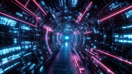 Obraz premium Neon Digital Tunnel: A Journey Through Cyberspace