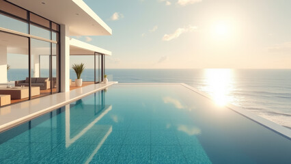 Fototapeta premium Modern villa with infinity pool overlooking the ocean at sunset