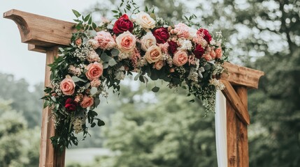 A boho rustic wedding ceremony arch adorned with lush flowers and greenery, creating a romantic and natural backdrop.