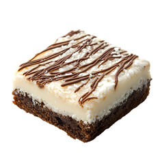 A close-up of a rich and decadent white chocolate and coconut brownie with a chocolate drizzle topping