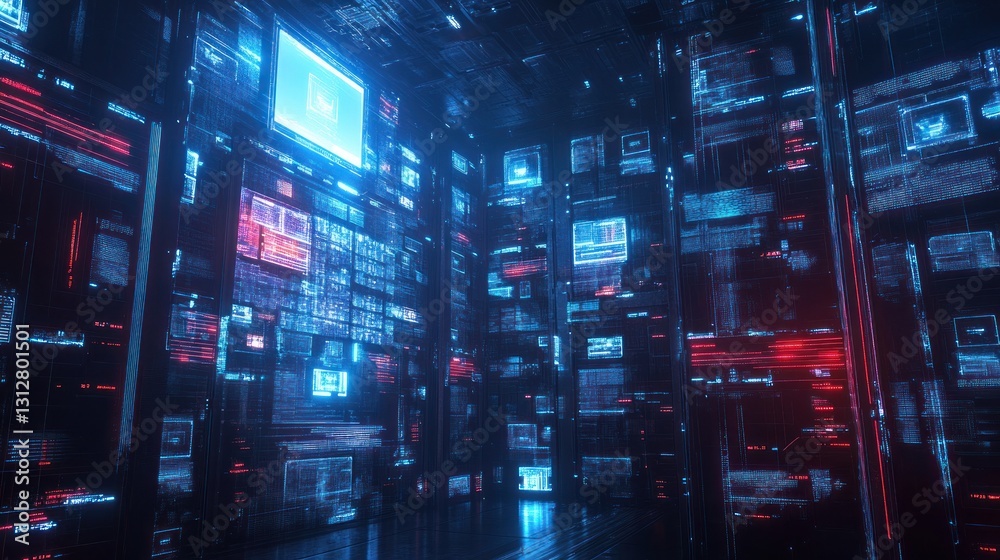 Poster cyberpunk digital matrix: neon glowing data streams and interfaces