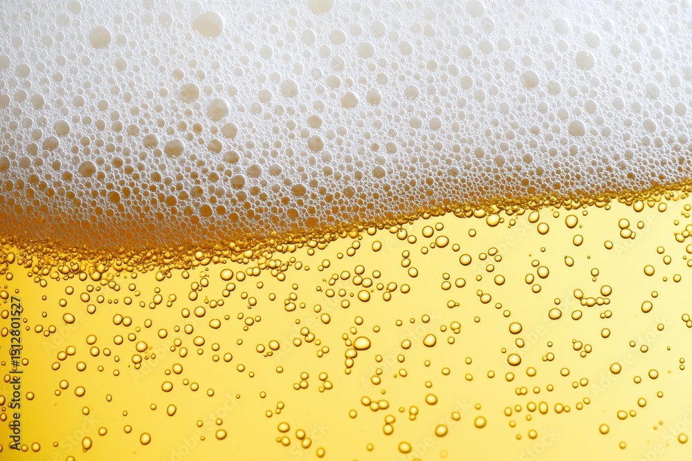 Poster refreshing beer foam and bubbles create a captivating texture against a vibrant yellow background, i