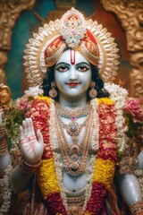 Fototapeta premium The deity is adorned with flower garlands and beads, reflecting religious reverence.