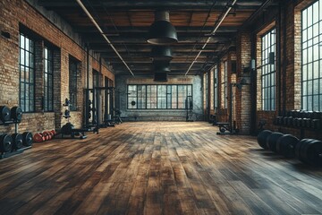Spacious and well-lit gym interior with rustic charm and ample workout equipment in a modern industrial style
