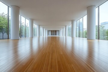 Obraz premium Bright and spacious modern interior of a minimalistic hall with large windows overlooking greenery