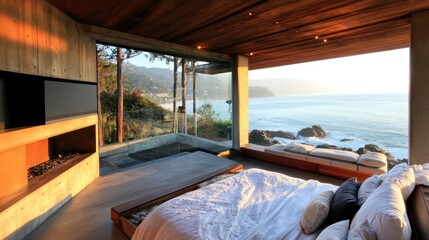 Fototapeta premium Ocean View Bedroom with Modern Design and Coastal Landscape Scenery