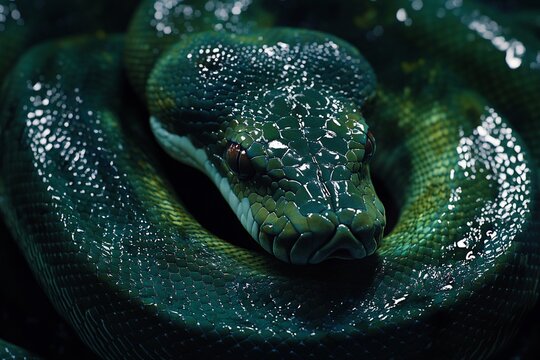 Close-up of a coiled green tree python with intense red eyes.