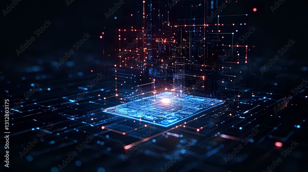 Poster glowing microchip with digital network connections in dark blue background, red light points and cir