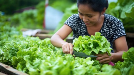 A woman working in a garden, harvesting fresh lettuce for sale or personal consumption.