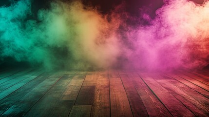 Colorful smoke on wooden floor.