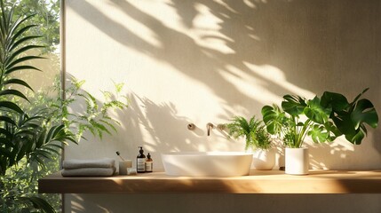 Sunlit minimalist bathroom with plants and wooden vanity.