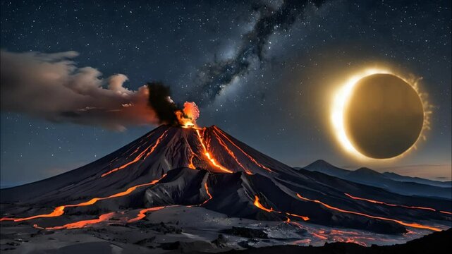 Erupting volcano with flowing lava under dramatic solar eclipse and starry galaxy sky, seamless looping 4K time-lapse animation video background
