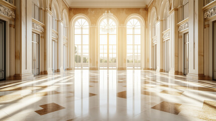 Elegant Marble Hall with Polished Floors, Intricate Stone Carvings, and Large Windows Opening to Outdoors, Providing a Timeless Backdrop for Text, copy space