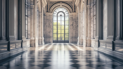 Fototapeta premium Elegant Marble Hall with Polished Floors, Intricate Stone Carvings, and Large Windows Opening to Outdoors, Providing a Timeless Backdrop for Text, copy space